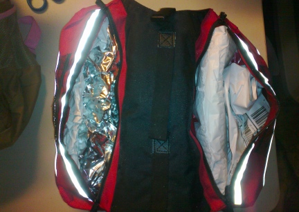 Stuffing the backpack for puppy to learn about it